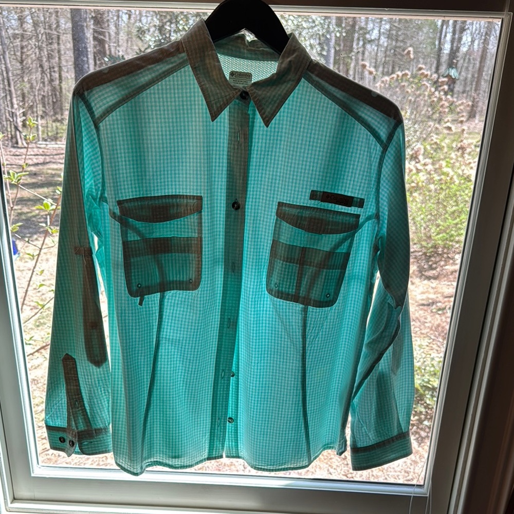 Columbia PFG Teal and White Checkered Button-Up Shirt